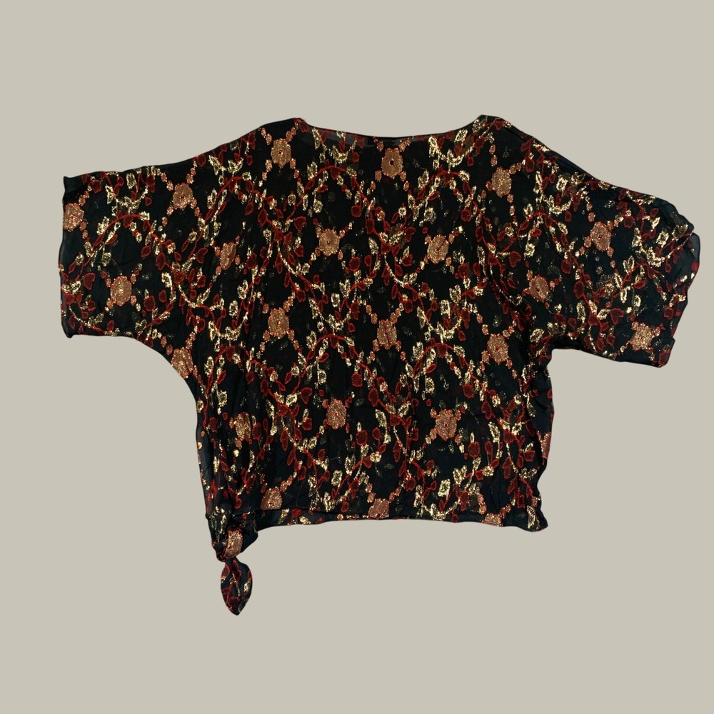 Robbie Sport Blouse Womens 15 16 Black Gold Red Metallic Floral Side Tie Vintage - Picture 7 of 7